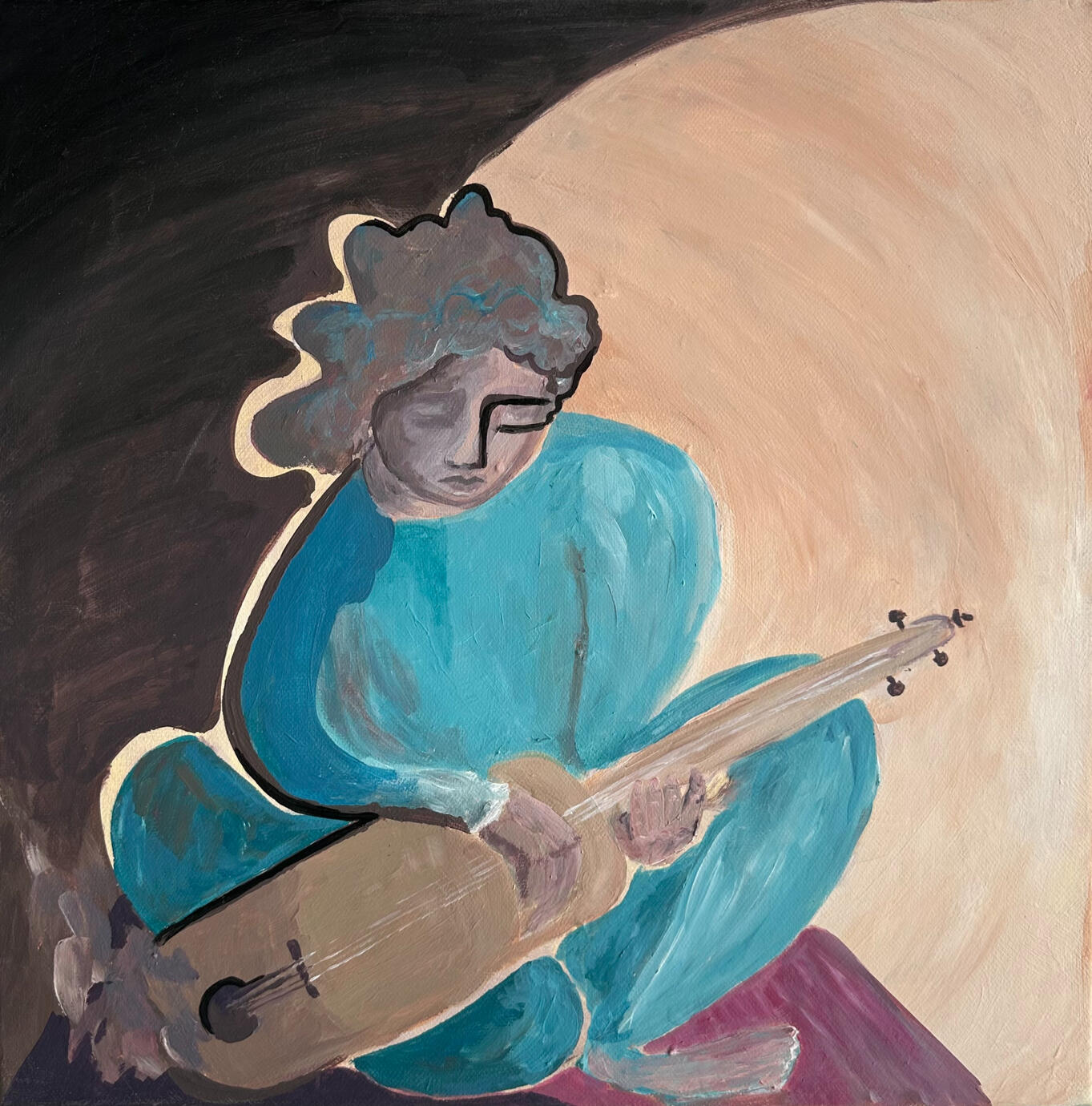 Large abstract oil painting by Rim Fartat with blue and gold tones, perfect for art collectors