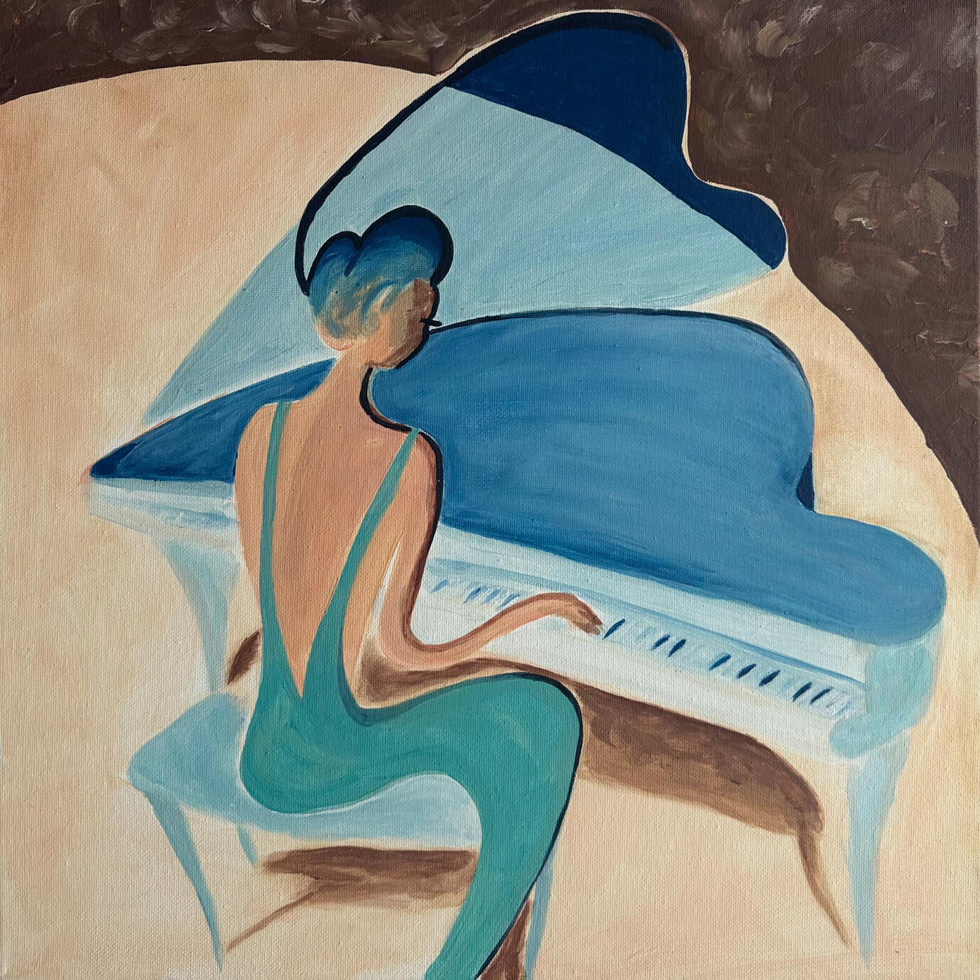 Large abstract oil painting with blue and gold tones, perfect for art collectors